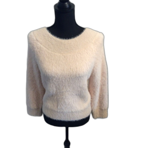 Mink Hair Blend Dark Cream fuzzy SOFT Sweater Main Strip Large L - Picture 1 of 5
